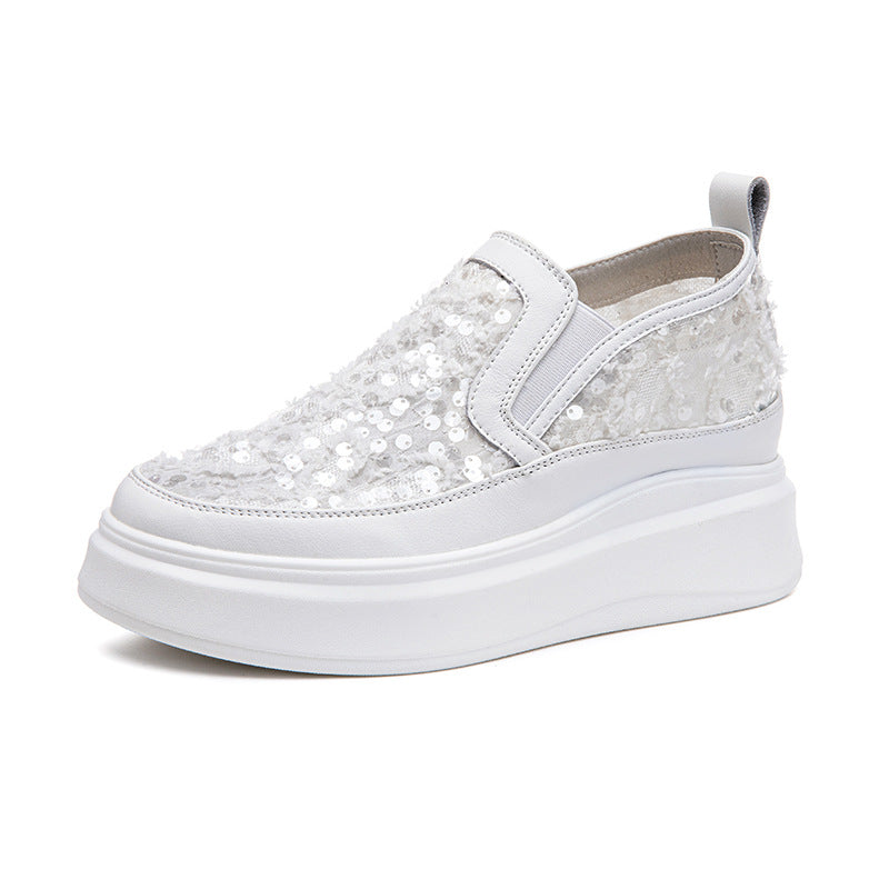Women's Sequined Mesh Surface White Height Increasing Insole Small Size Platform Loafers