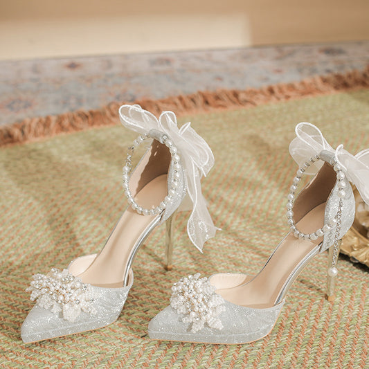 Women's Spring Sier High Stiletto Pearl Bow Rhinestone Bridal Wedding Waterproof Women's Fashion Shoes