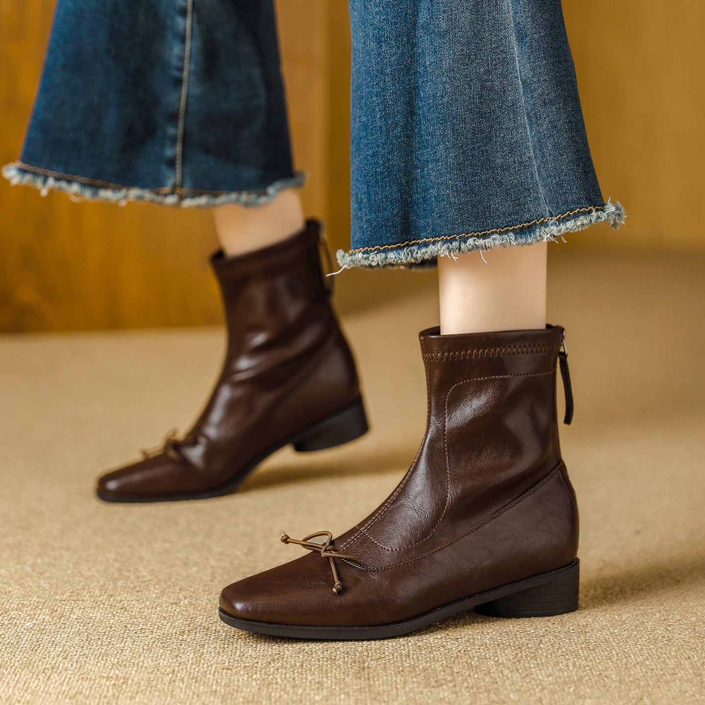 Women's Square Toe Booties Back Zip Soft Stretch Thin Women's Leather Boots