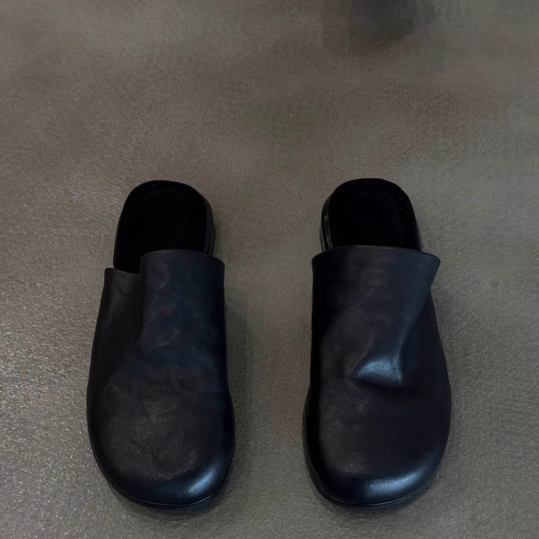 Women's Sheepskin Slip-on Lazy Authentic Toe Box Summer Black Outer Wear Slippers