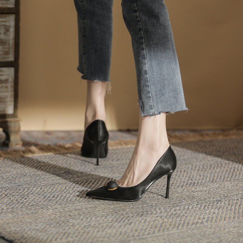 Women's Spring Black Pointed Low-cut Metal Buckle Women's Fashion Shoes