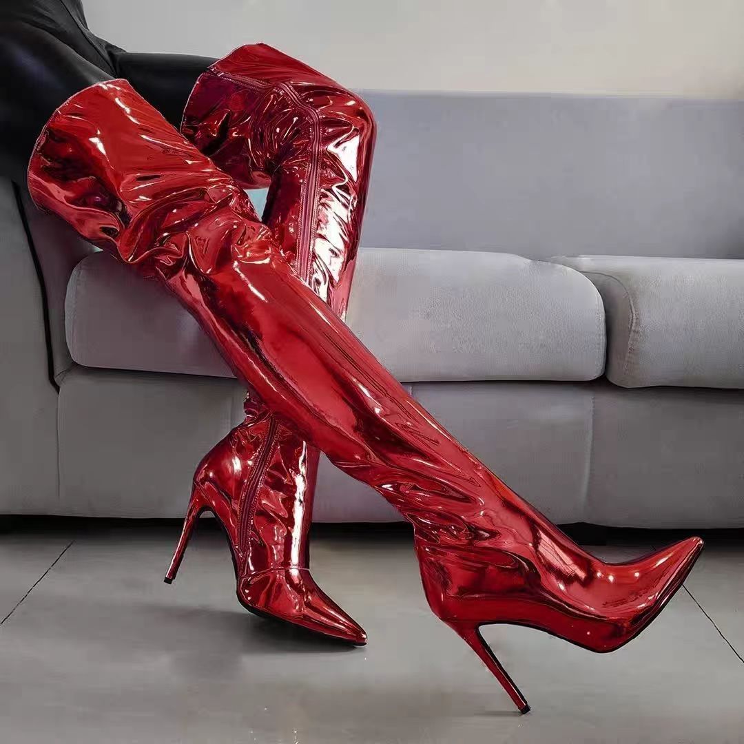 Women's Stiletto Mirror Skin Patent Plus Size Super Women's Leather Boots