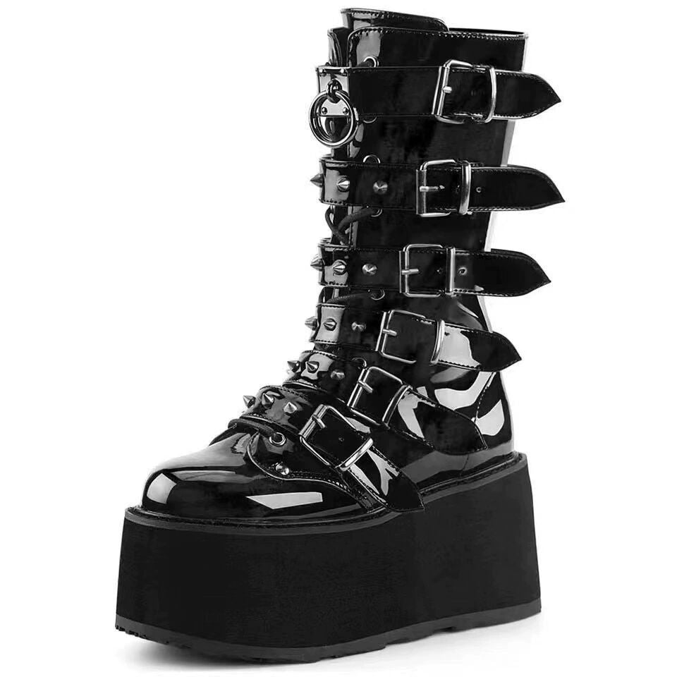 Thick Bottom Buckle Rivet Platform Middle Tube Female Boots