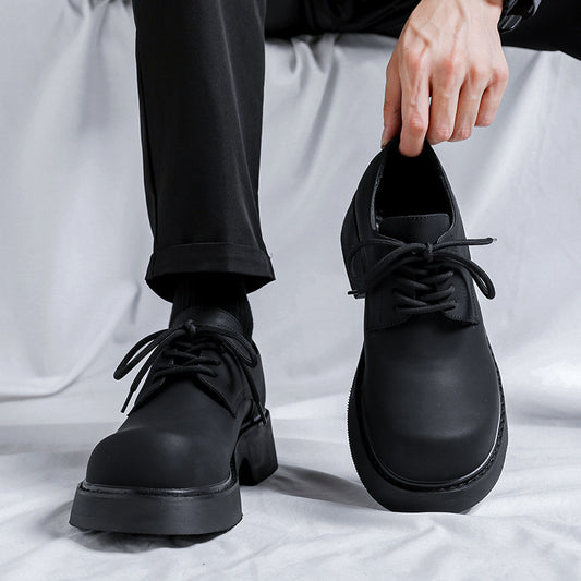 Men's Platform Round Toe Mid Muffin Black Men's Casual Leather Shoes