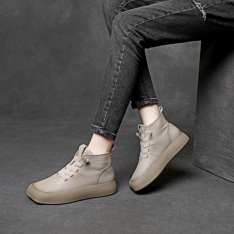 Lychee Pattern Genuine Retro Square Toe Martin Female Boots