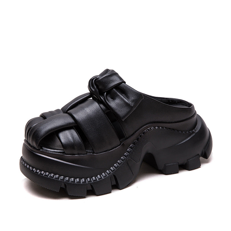 Women's Retro First Layer Cowhide Small Height Heels