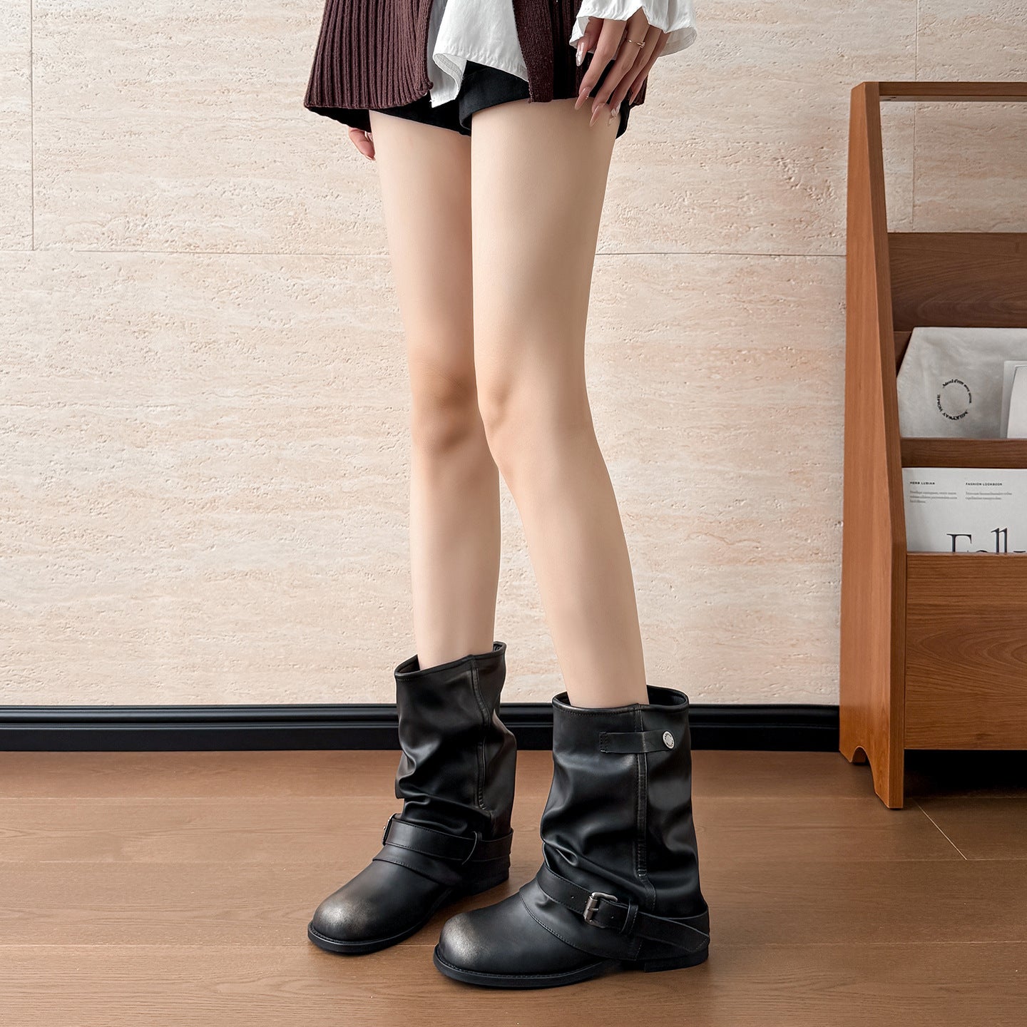 Women's Western Denim Pile Style Autumn Pleated Boots