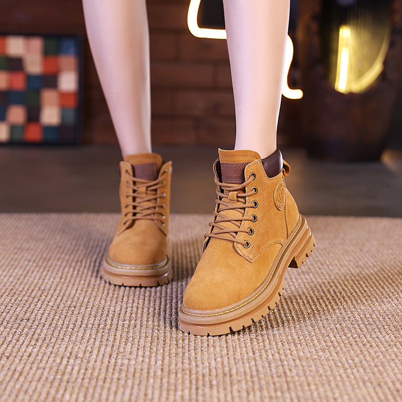 Full Cowhide Martin Female Autumn Frosted Rhubarb Ankle Boots