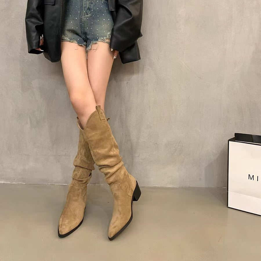 Style Retro Coffee Color Pile Western Cowboy High Leg Female Women's Leather Boots