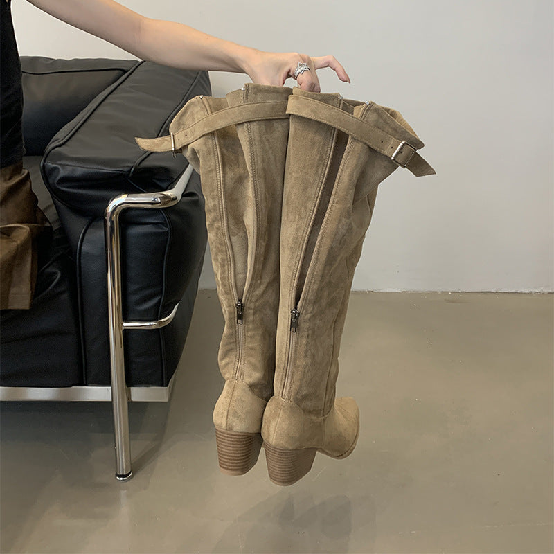 Hot Oversized Pile Style Thick Pointed Toe Women's Leather Boots