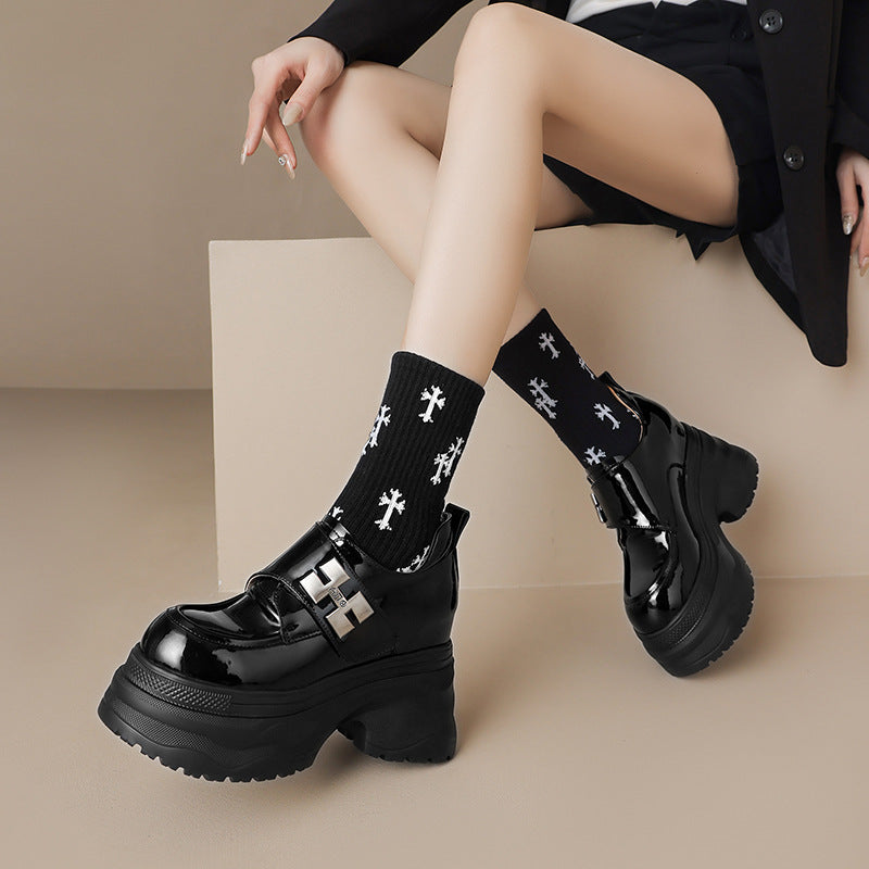 High Genuine Elevator Deep Mouth Pumps Small Muffin Platform Metal Loafers
