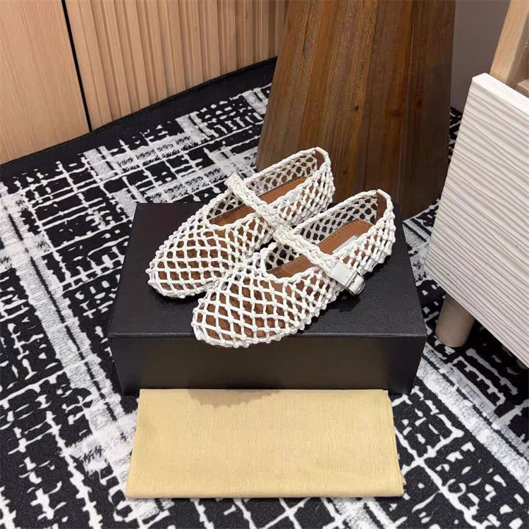 Women's Sheepskin Version Woven Hollowed Mary Jane Ballet Low-cut Flat Women's Fashion Shoes