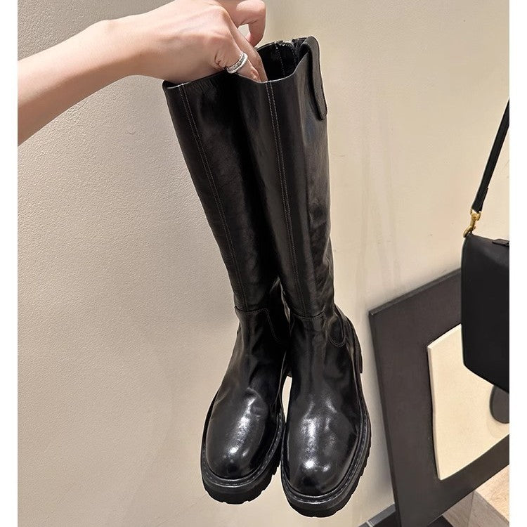 Women's Version High Quality Round Head Thick Bottom Chunky Slimming Long Women's Leather Boots