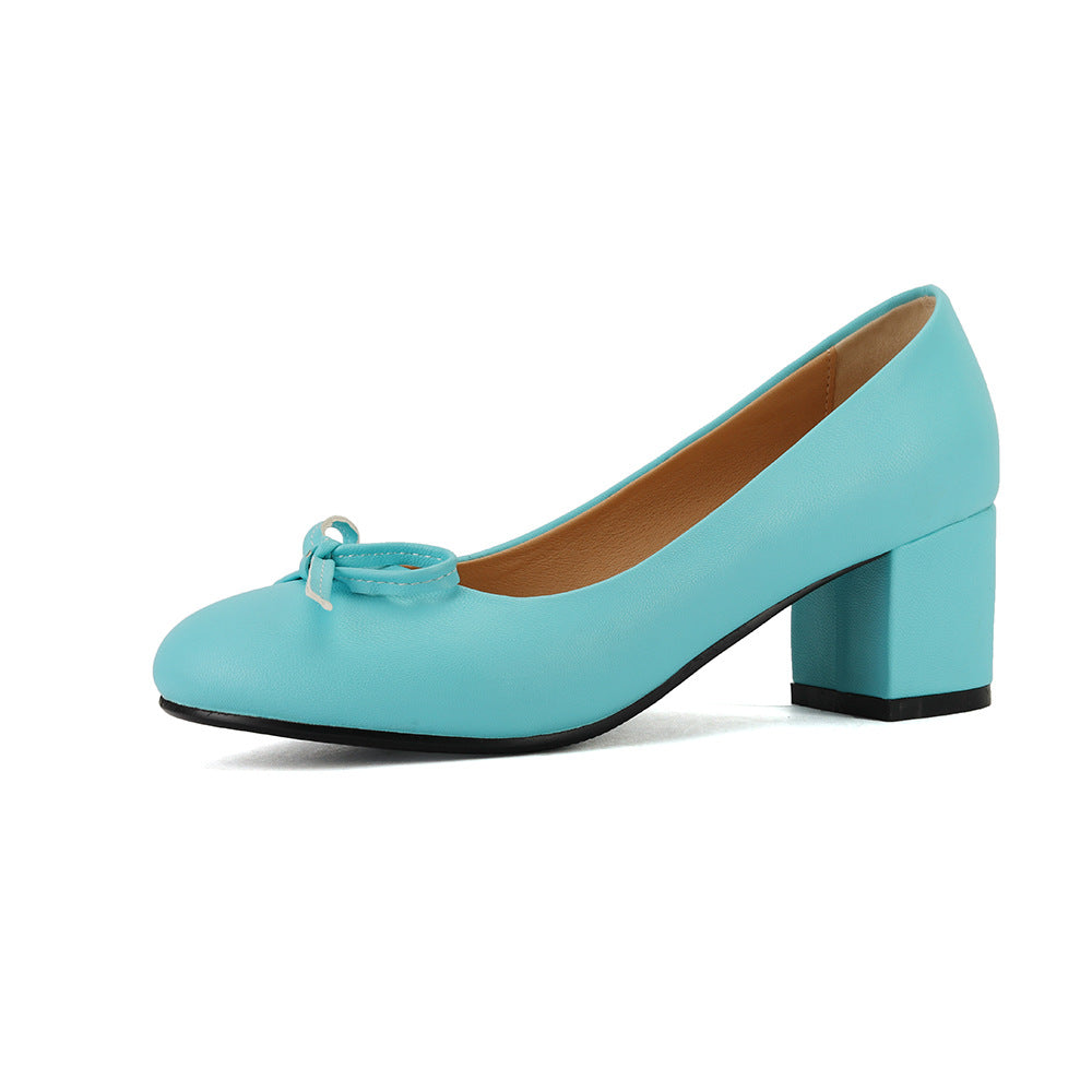 Women's Round Toe Bowknot Chunky Pumps Plus Size Mid Women's Fashion Shoes