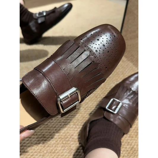 Women's Cowhide Square Head Carved Niche Tassel Spring Vintage Loafers