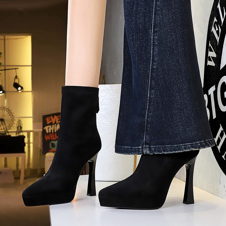 Waterproof Platform Female Pointed Toe Suede Stretch Women's Leather Boots