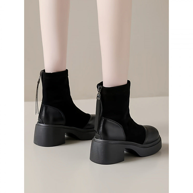 British Style Small Man Platform Chunky Booties Stretch Women's Leather Boots