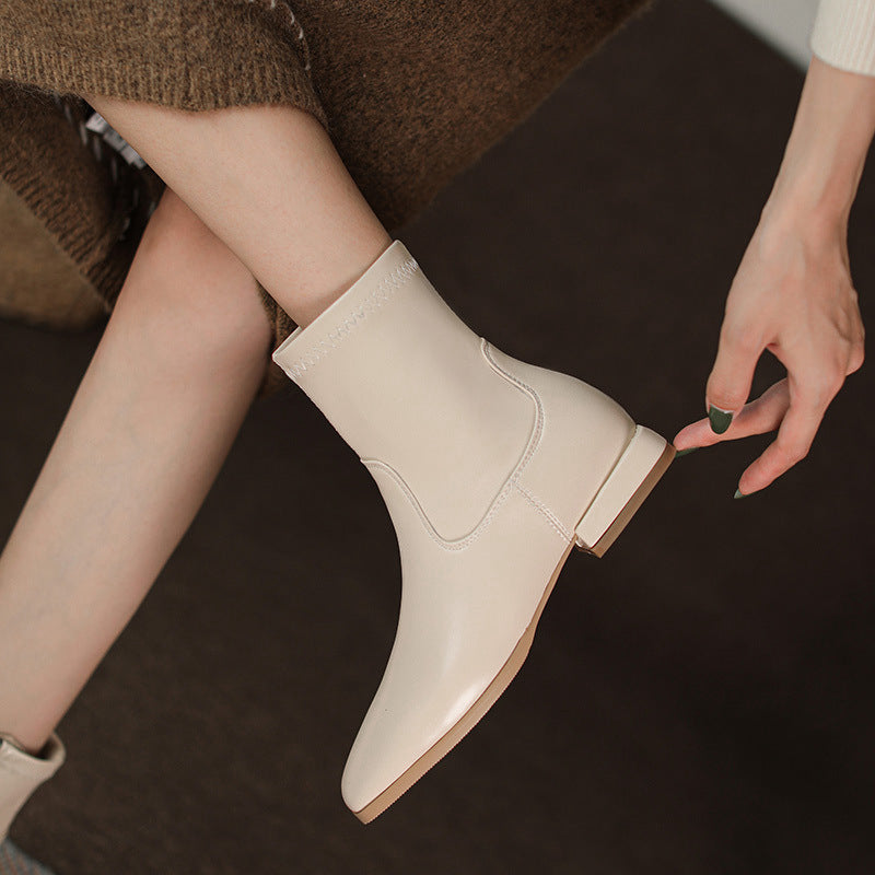 Women's Small Beige Flat Ankle Simple Stretch Women's Leather Boots