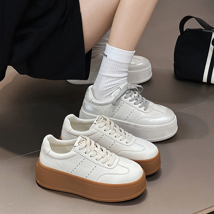 Women's White Spring Fashionable Flat Height Increasing Sneakers
