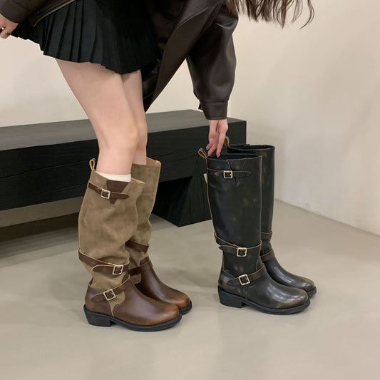 Rubbed Color Pleated Long Female Autumn Chunky Belt Buckle Biker Women's Leather Boots