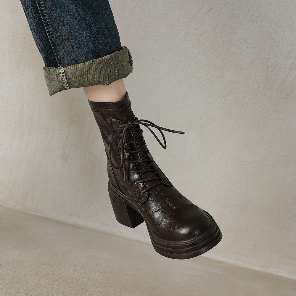 Women's Wear Town Store Treasure High Stretch British Martin Lace Up Women's Leather Boots