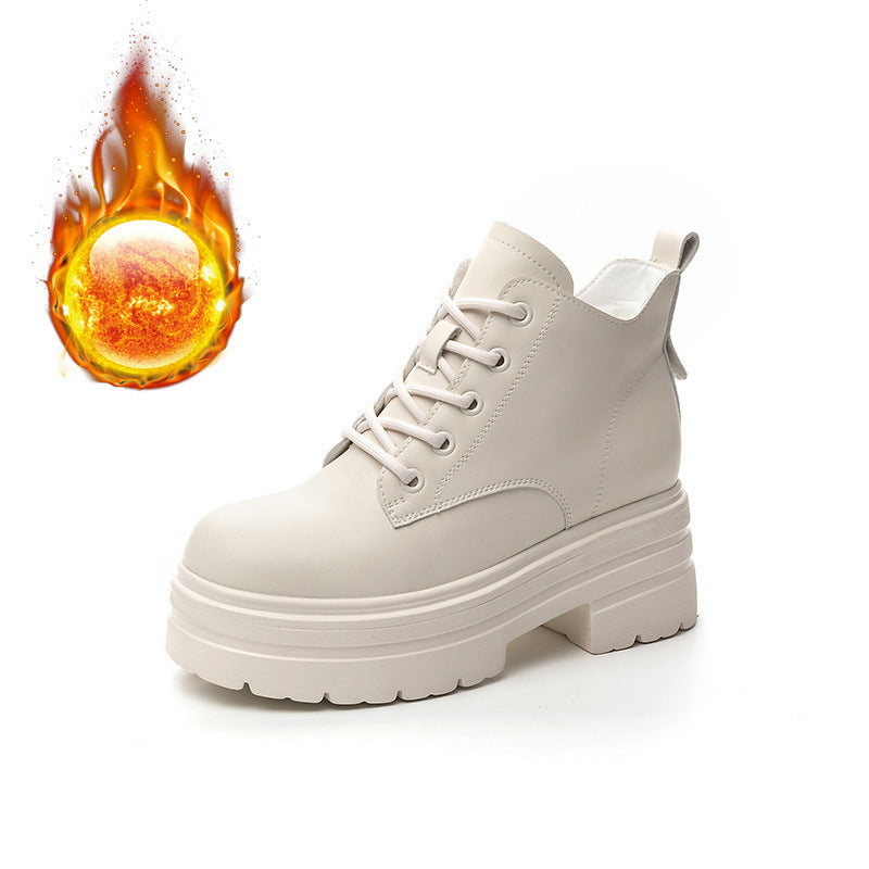 Women's Thick Bottom Increased Platform Lace Up Short Trendy Women's Leather Boots