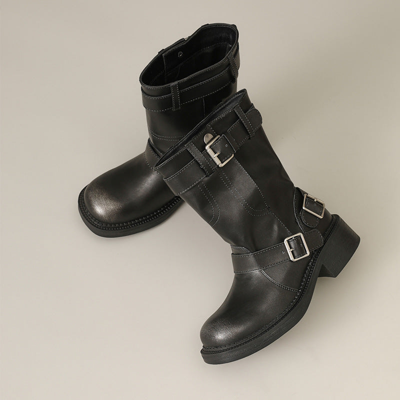 Women's Niche Retro Round Head Chunky For Buckle Heels
