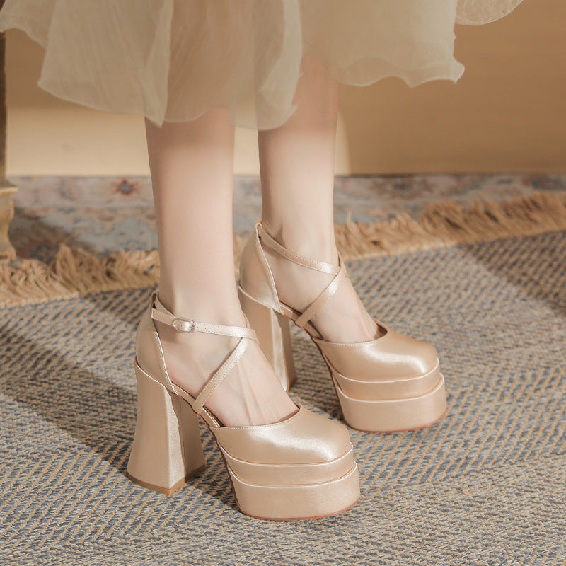 Women's Square Toe Chunky Hollow Waterproof Platform Super High Wedding Heels