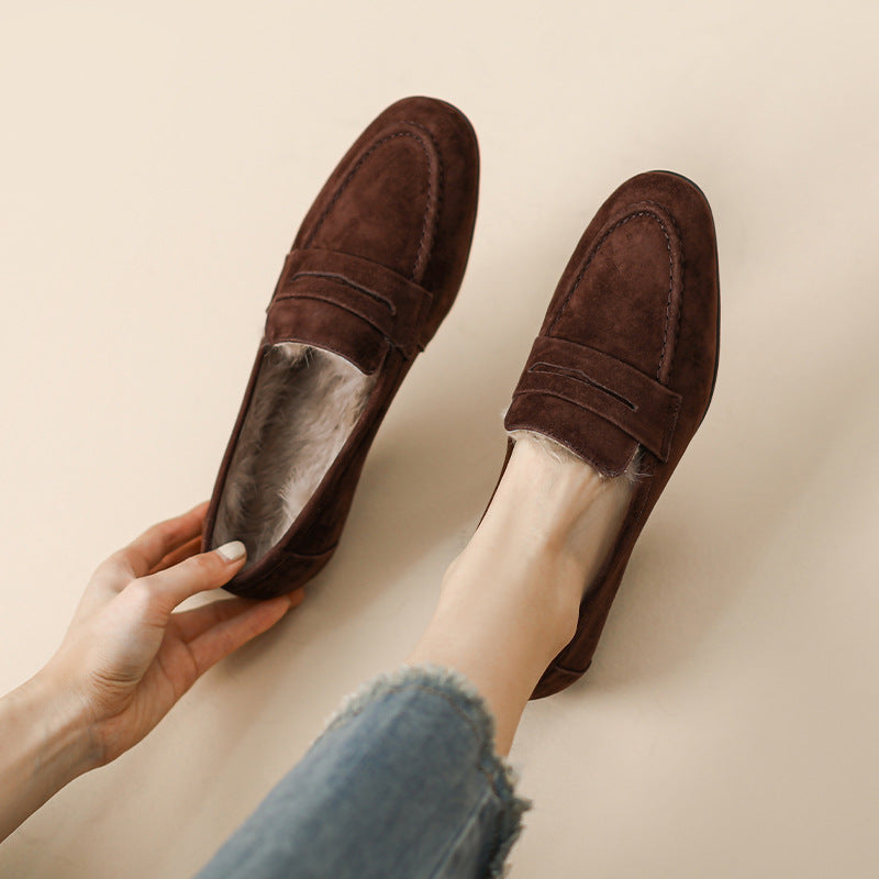 Women's Matte Sheepskin Rabbit Hair Fleece-lined Winter Fluffy Cotton Flat Loafers