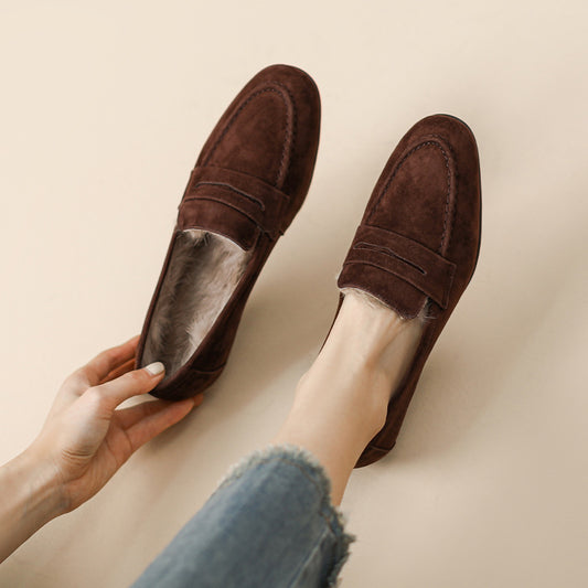 Women's Matte Sheepskin Rabbit Hair Fleece-lined Winter Fluffy Cotton Flat Loafers