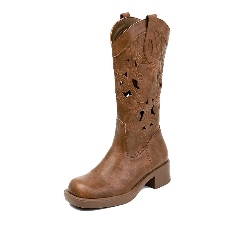 Retro Western Cowboy Hollow Summer Thin Long Female Breathable Women's Leather Boots