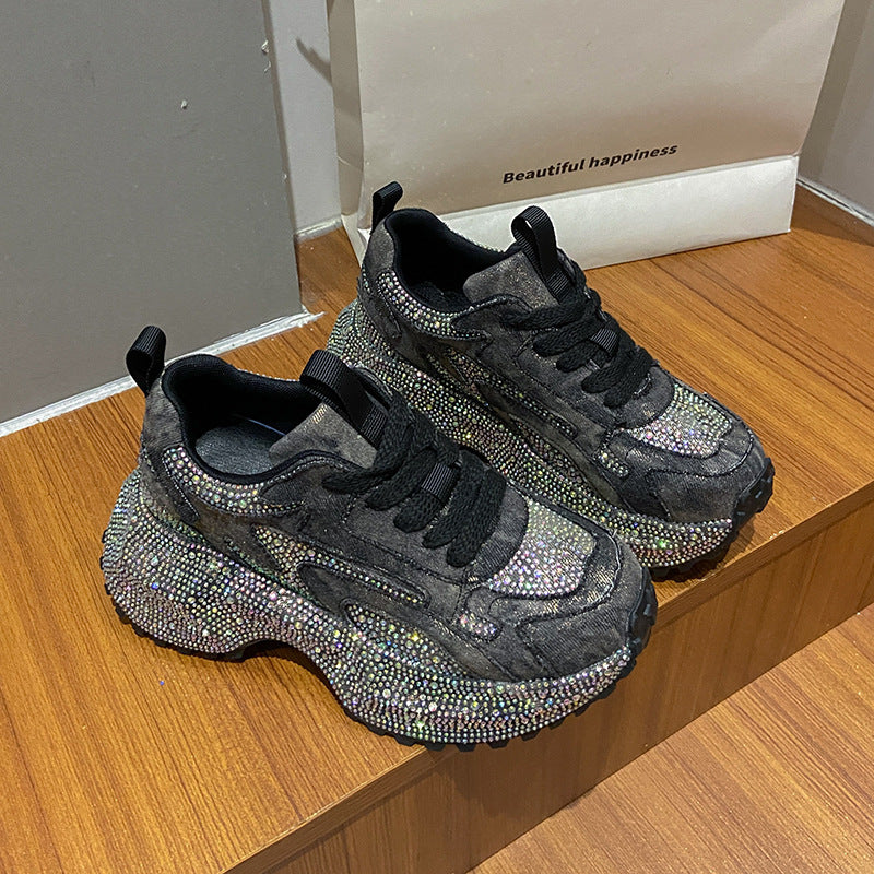 Women's Large Size Starry Rhinestone Dad Platform Height Women's Sports Shoes