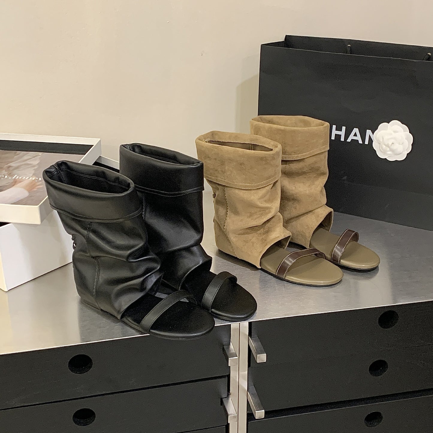 Women's Design Pile Style Summer Height Increasing Insole Open Women's Leather Boots