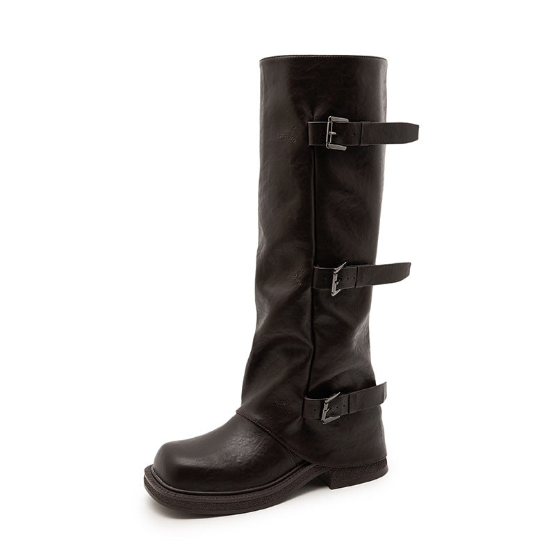 Women's Knight Design Smoke Pipe Pleated Long Pile Boots