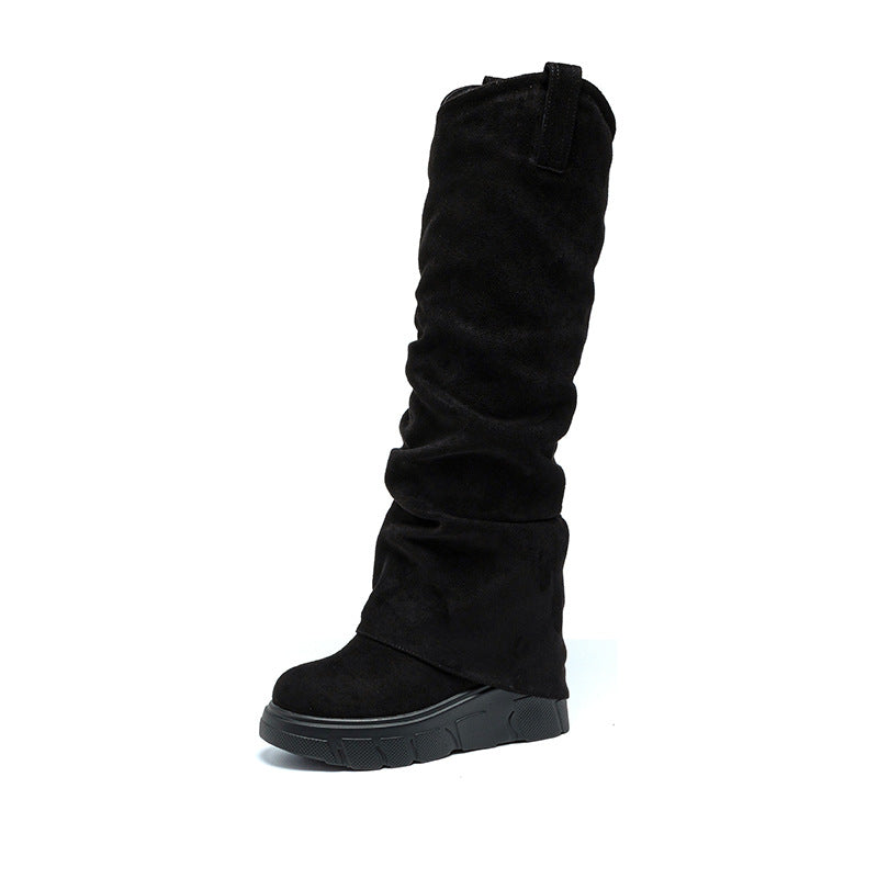 Women's High Female Below The Knee Long Round Toe Pile Style Women's Shoes