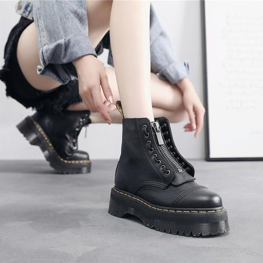 Two-way Platform Motorcycle Front Zipper Top Layer Lychee Boots