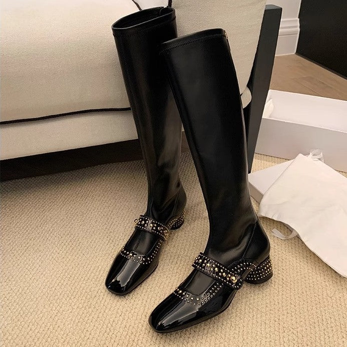Head Rivet Back Zipper Tube Springy Women's Leather Boots