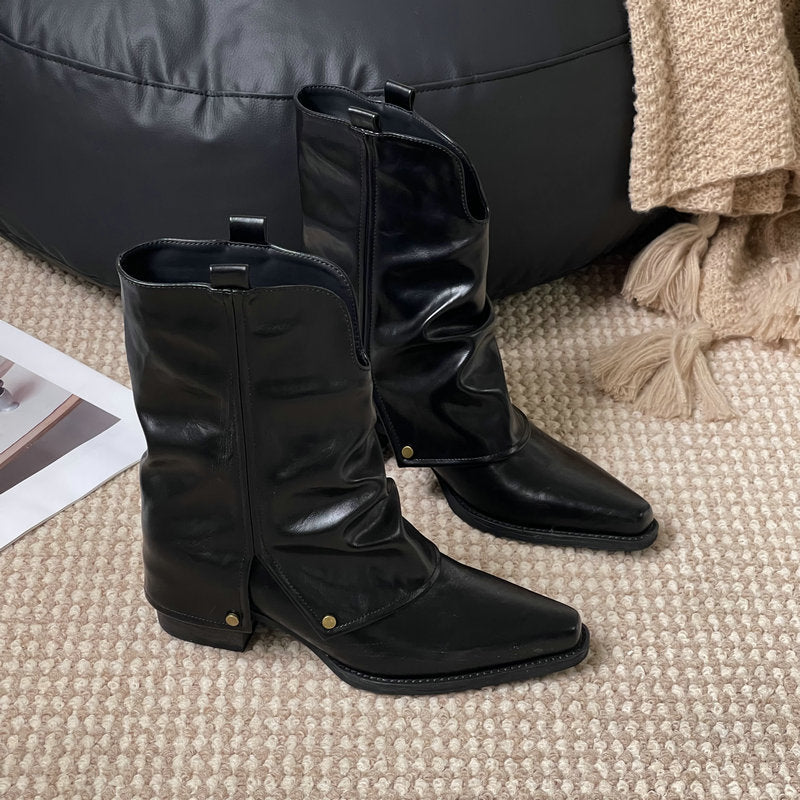 Women's Short Thick Pointed Toe Design Black Women's Leather Boots