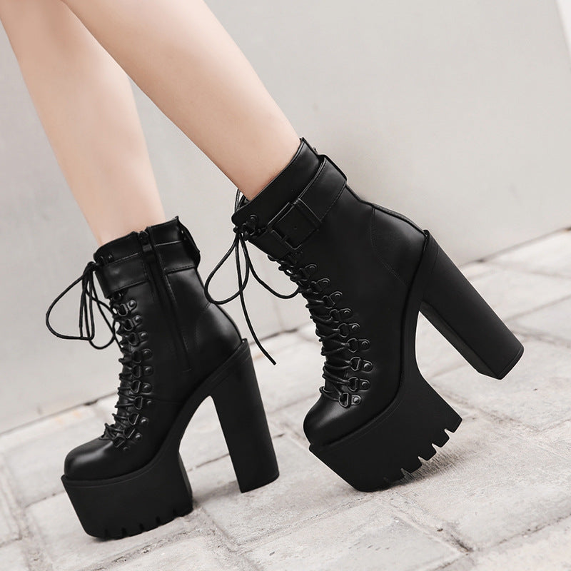 Women's High Platform Black Ankle Chunky Winter Women's Leather Boots