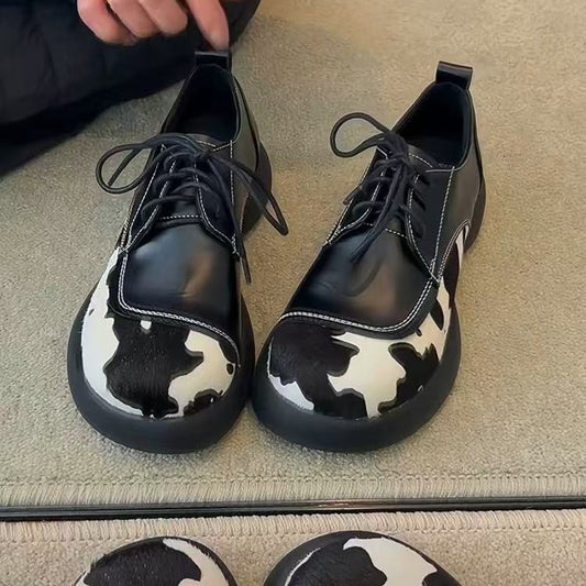 Cow Color Matching Muffin Big Head Pumps Leather Shoes