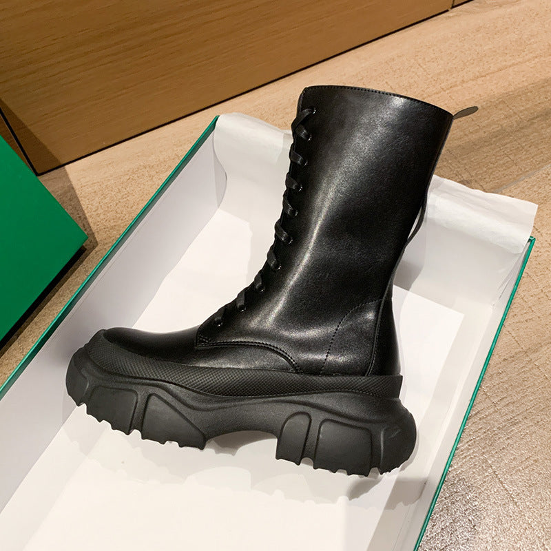 Women's Martin Riding Increased Middle Platform Ankle British Women's Leather Boots