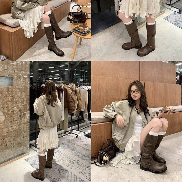 Dune Aesthetics Fleece-lined Vintage Double Buckle Women's Leather Boots