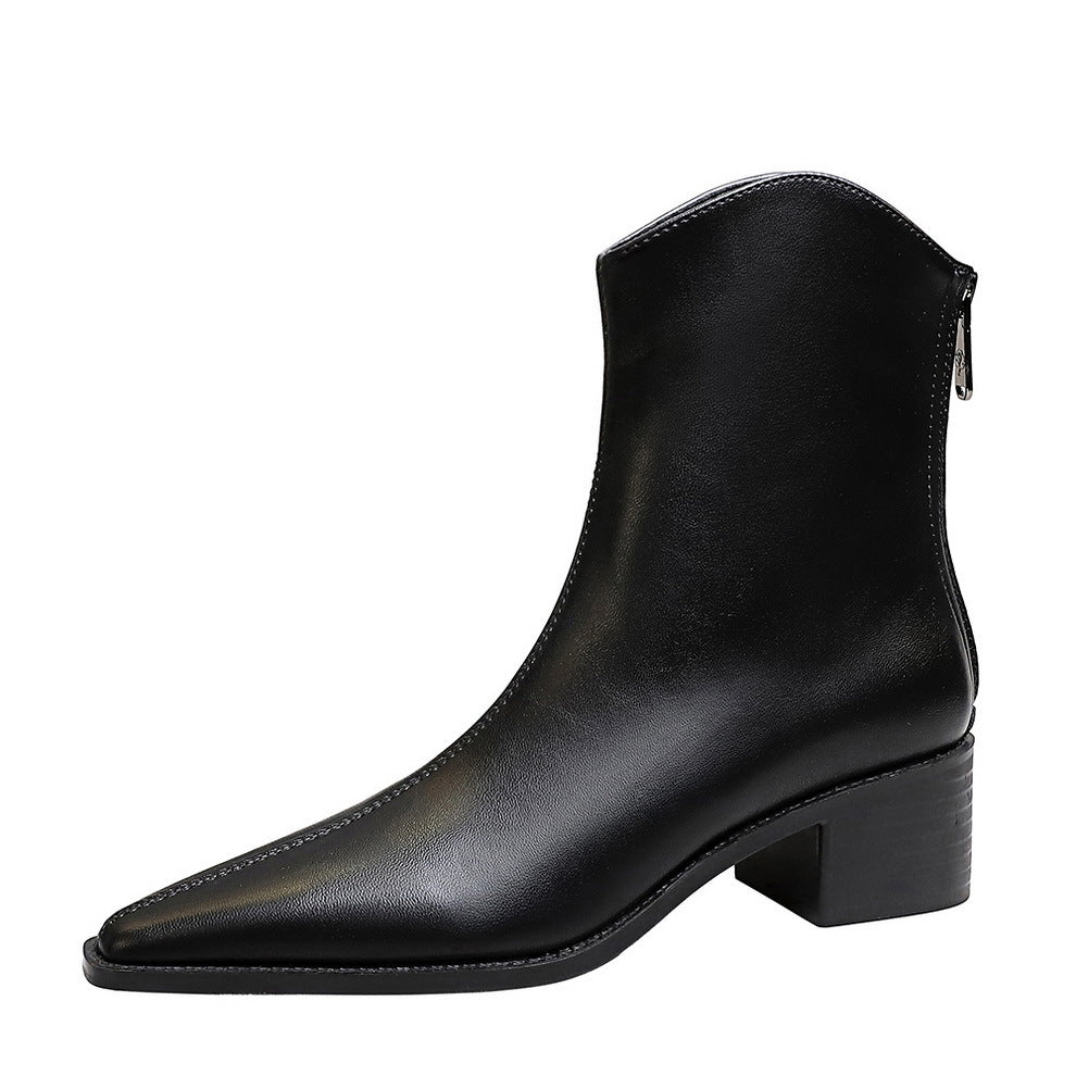 Women's Retro Simple Thick Bootie Pointed Toe Back Zipper Winter Boots