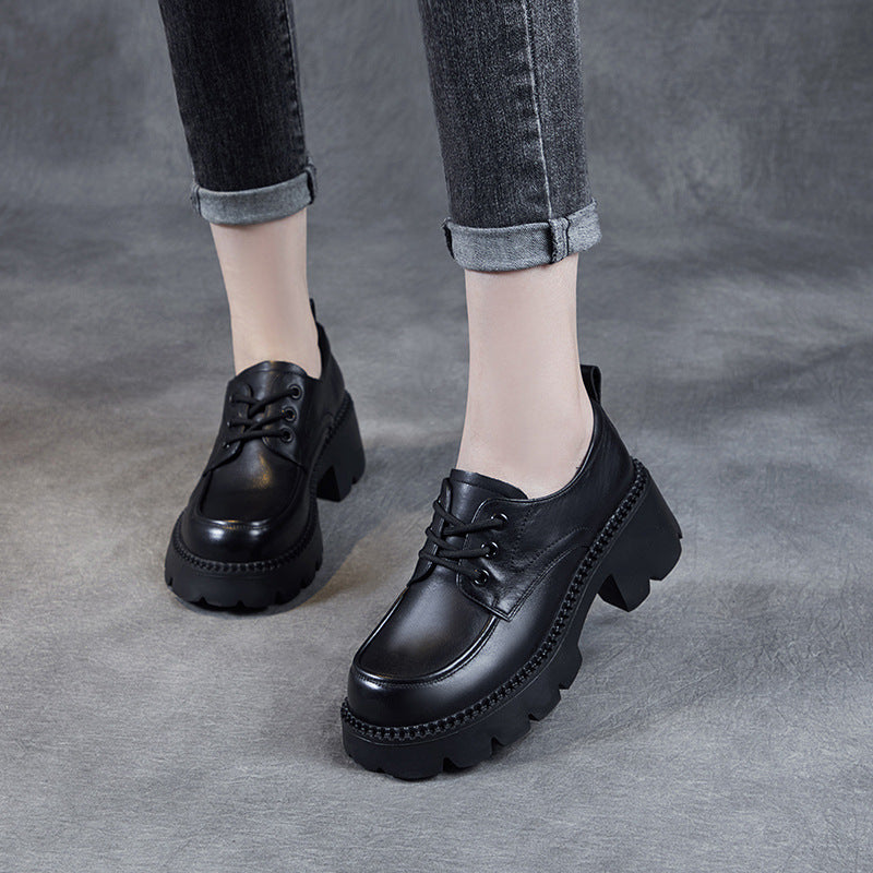 Women's Platform Lace Up Small Brown British Style Heightened Single Women's Casual Shoes