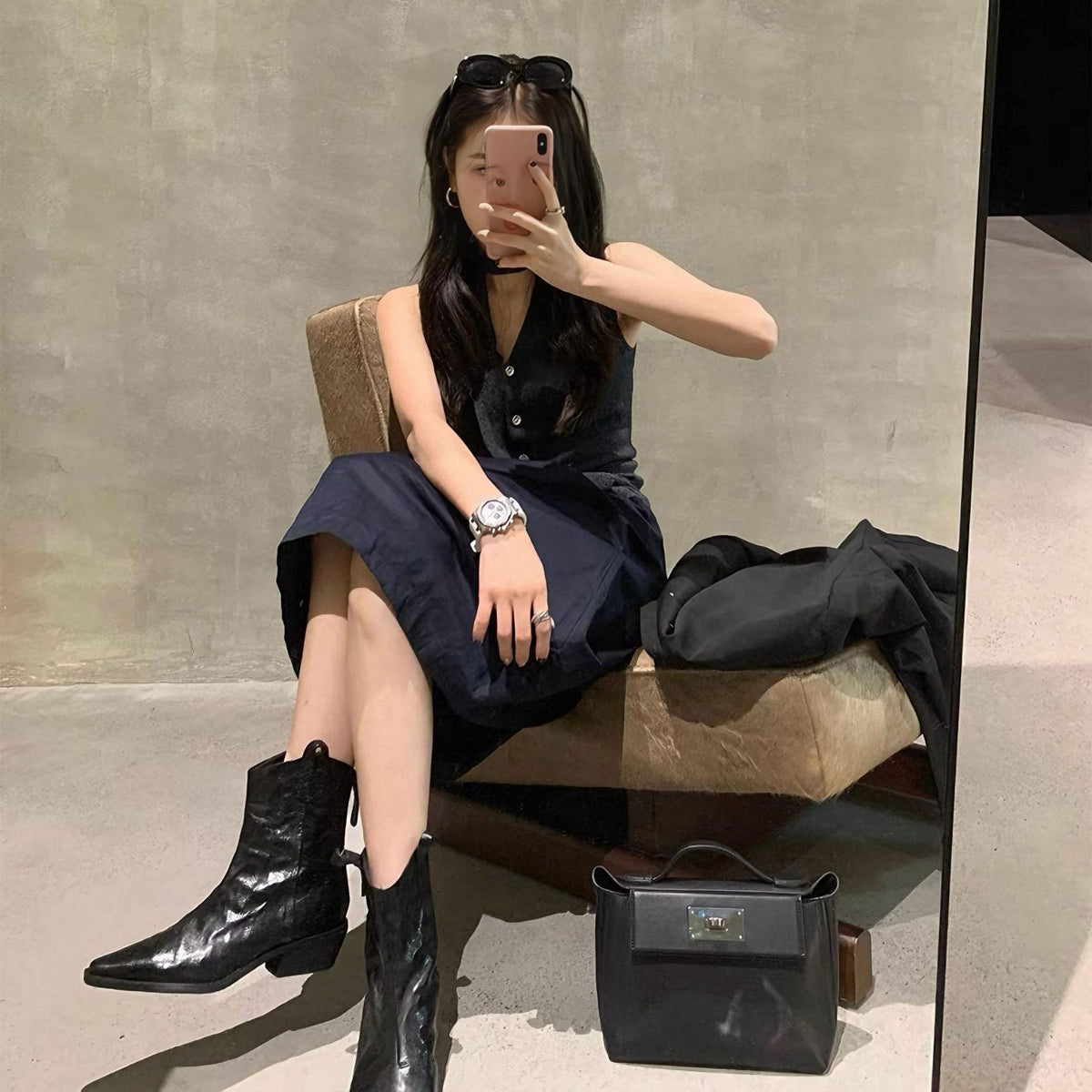 Knee-high Female Chelsea French Style Vintage Crumpled Skinny Chunky Genuine Women's Leather Boots