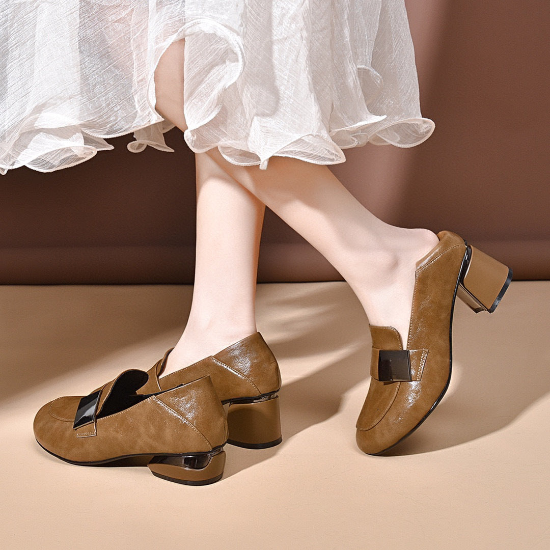 Women's Toe Thin Retro Chunky Soft Bottom Mid Low British Women's Shoes