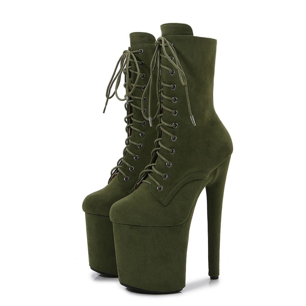 Suede Stiletto Waterproof Pole Dance Round Toe Women's Leather Boots