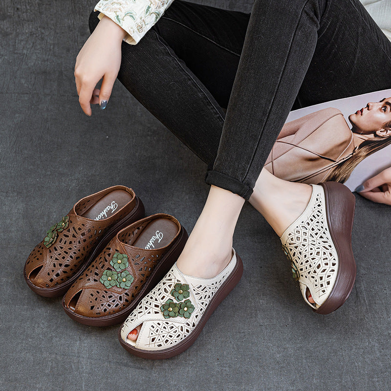 Women's Summer Thick Bottom Peep Toe Hollow Breathable Ethnic Style Flower Women's Shoes
