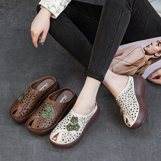 Women's Summer Thick Bottom Peep Toe Hollow Breathable Ethnic Style Flower Women's Shoes