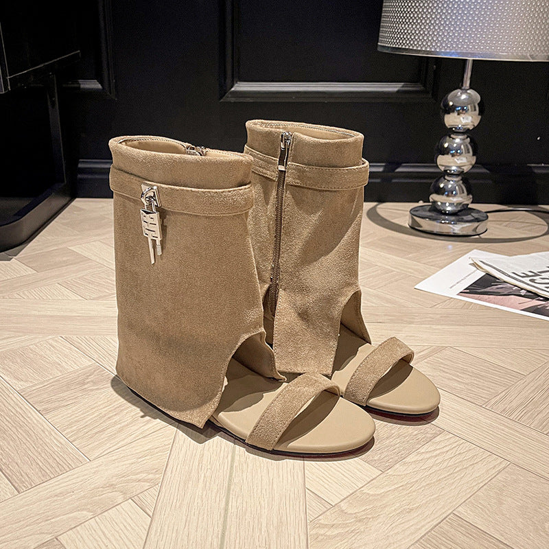 Women's Hot Wedge Summer Breathable Ankle Open Toe Pantyhose Shark Women's Leather Boots